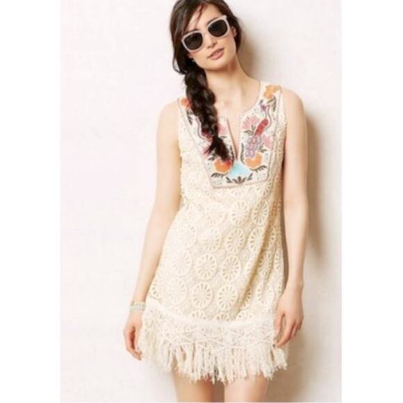 Anthropologie Mermaid Embroidered Crochet Fringed Mini Dress size Medium - Picture 1 of 8